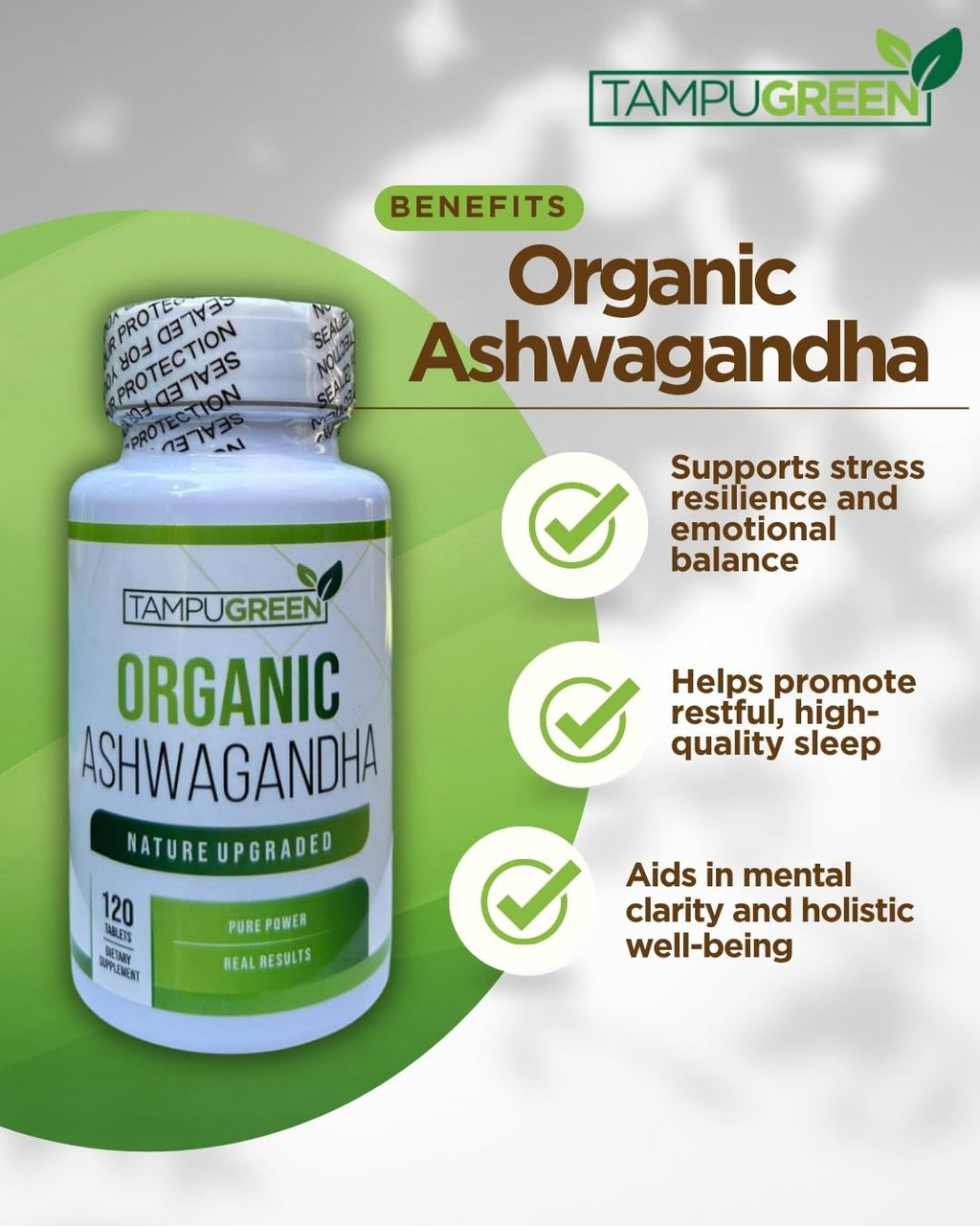 TAMPUGREEN Organic Ashwagandha 675 mg Root Extract with Black Pepper Stress, Mood & Balance Support Non-GMO Made in USA 120 Caplets