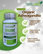 TAMPUGREEN Organic Ashwagandha 675 mg Root Extract with Black Pepper Stress, Mood & Balance Support Non-GMO Made in USA 120 Caplets