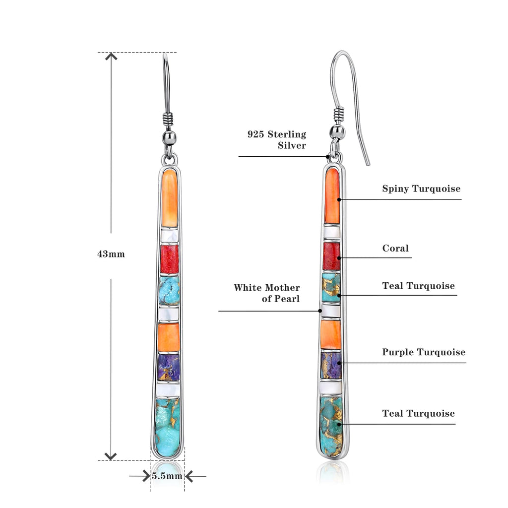 Phyonio Turquoise Earrings for Women 925 Sterling Silver Multicolor Gemstones Dangle Earrings Bohemian Style Statement Bar Earrings Dangle Earrings for Women Summer Earrings Valentines Gifts