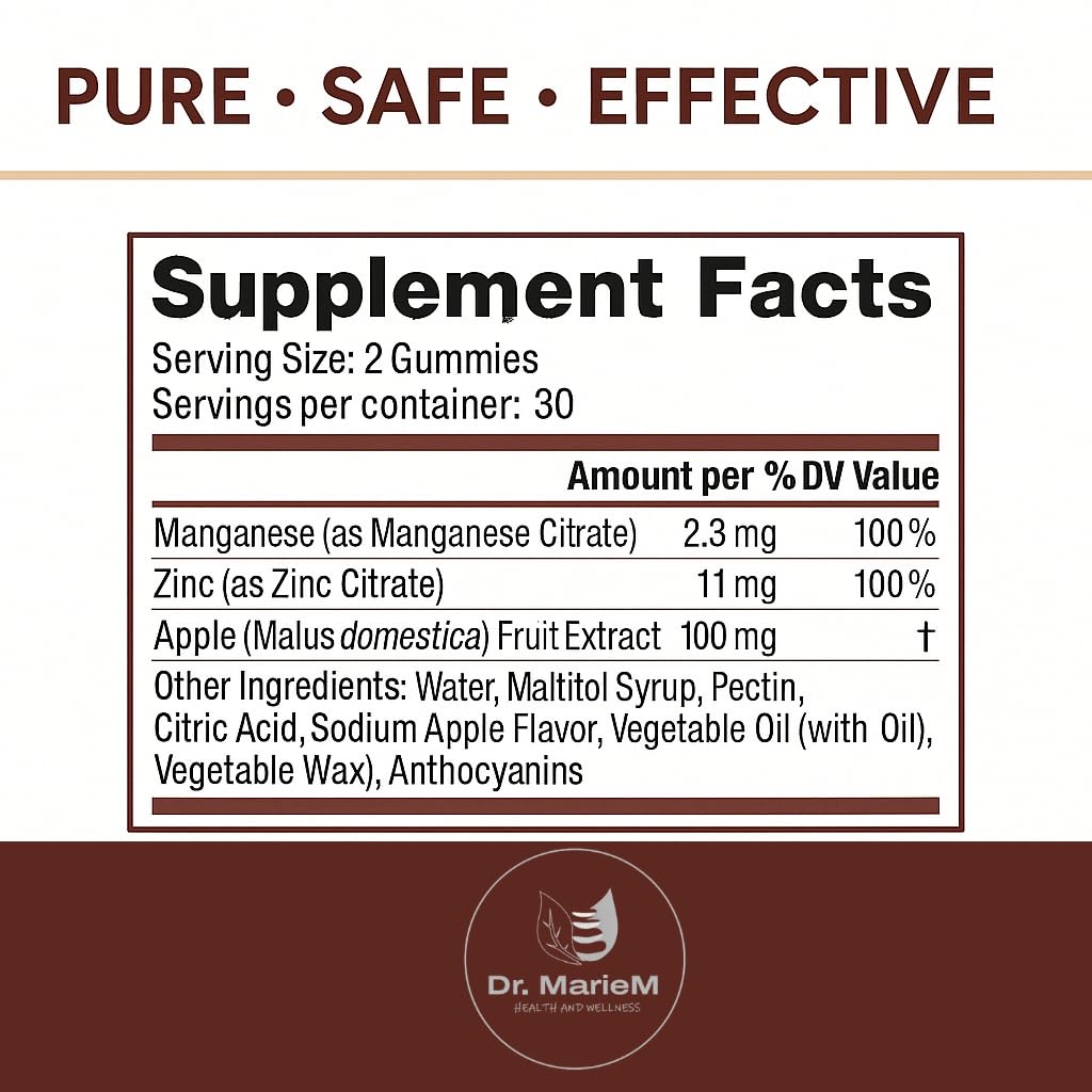 Dr. MarieM MangaZinc+ Gummies – Manganese + Zinc for Nerve Function, Cognitive Support & Immune Health – Apple Flavor – 60 Gummies