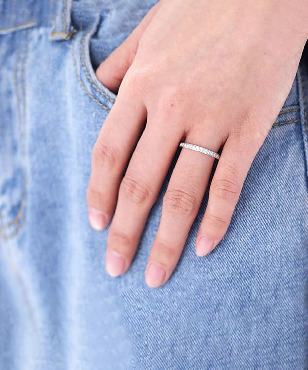 TIGRADE 2mm Women Titanium Eternity Ring Cubic Zirconia Anniversary Wedding Engagement Band Size 3-13.5, Silver, Size 6.5