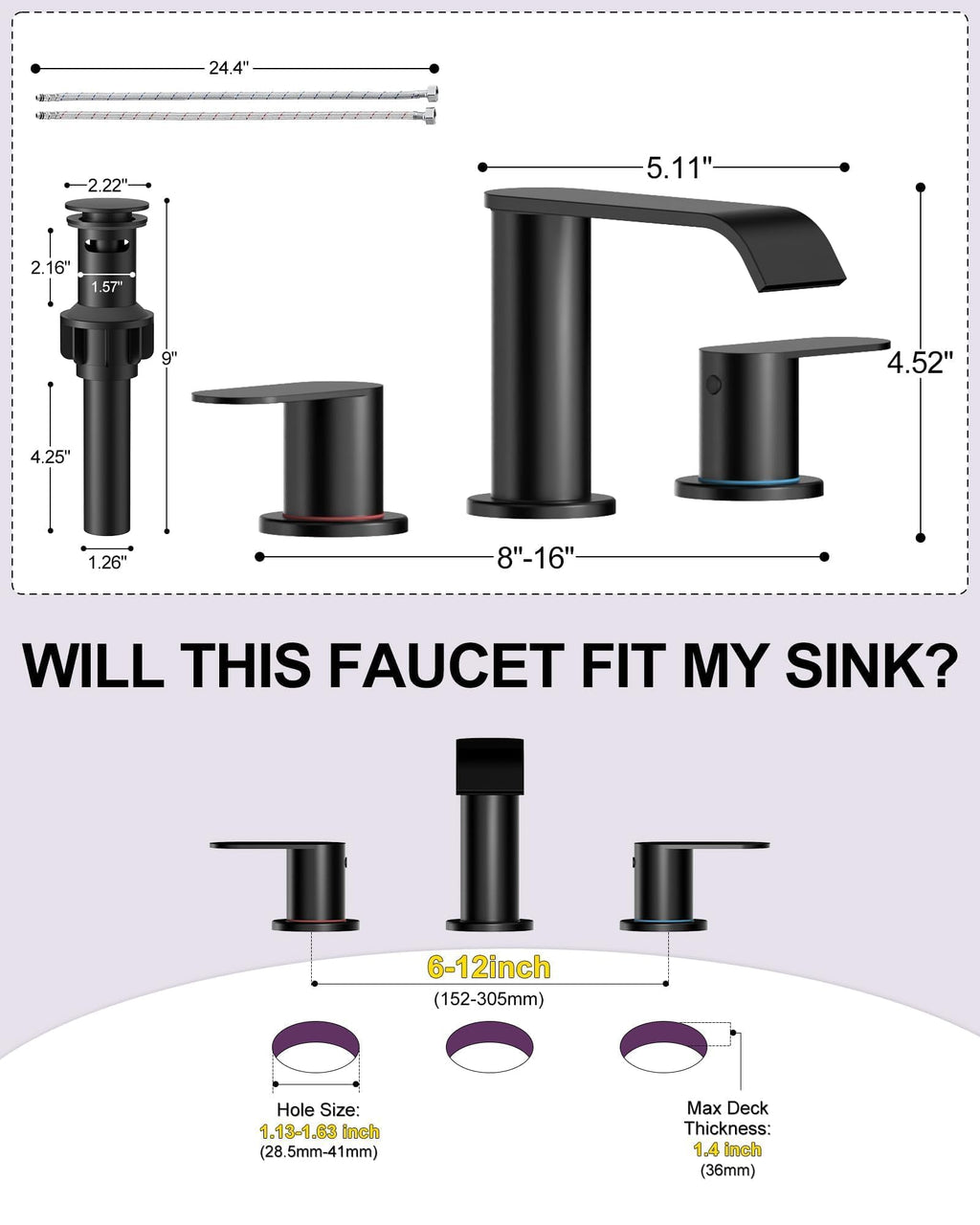 Matte Black Waterfall Bathroom Faucet for Sink 3 Hole 8 Inch Widespread Bathroom Sink Faucets with Pop-up Drain Supply Lines Stainless Steel 2-Handle Bathroom Sink Faucet for Bath Vanity Homevacious