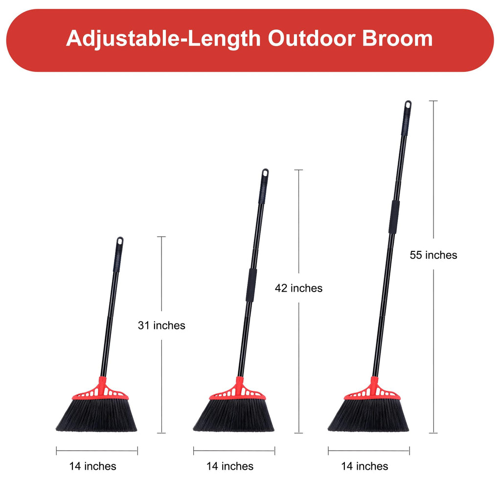 Tiumso Heavy Duty Angle Broom - 55" Adjustable Iron Handle with Stiff Bristles - Commercial-Grade Indoor/Outdoor Broom for Garage, Patio, Kitchen, Sidewalk & Concrete Cleaning (Black & Red)