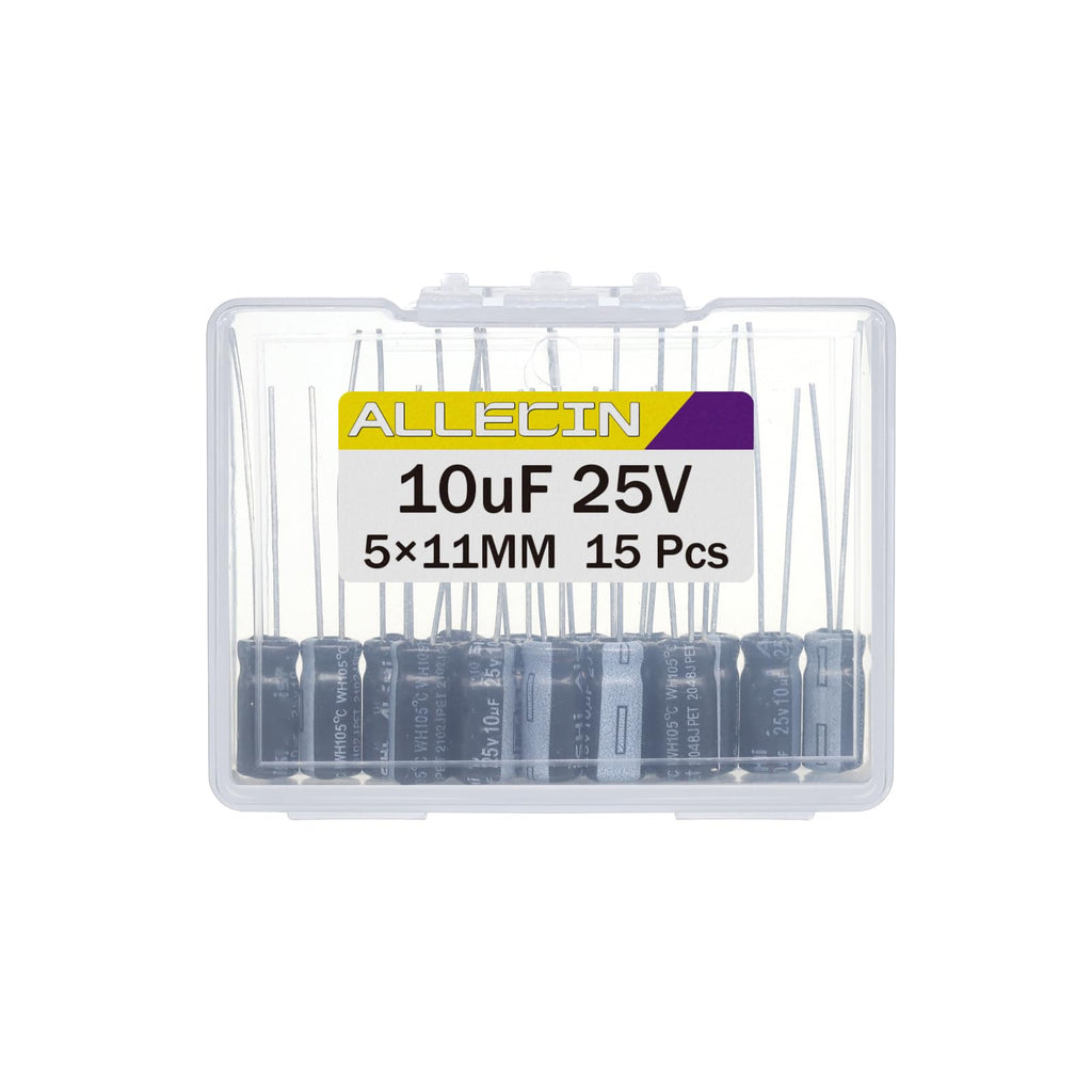 ALLECIN 10uF 25V 5x11mm Electrolytic Capacitor 10 UF MFD 25 Volt 0.2x0.43in Aluminum Capacitors (Pack of 15)
