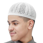White Kufi Hat Tight & Loose Weave Mix Crocheted Comfortable Cotton Muslim Kufi Topi Skull Prayer Cap (XXL)