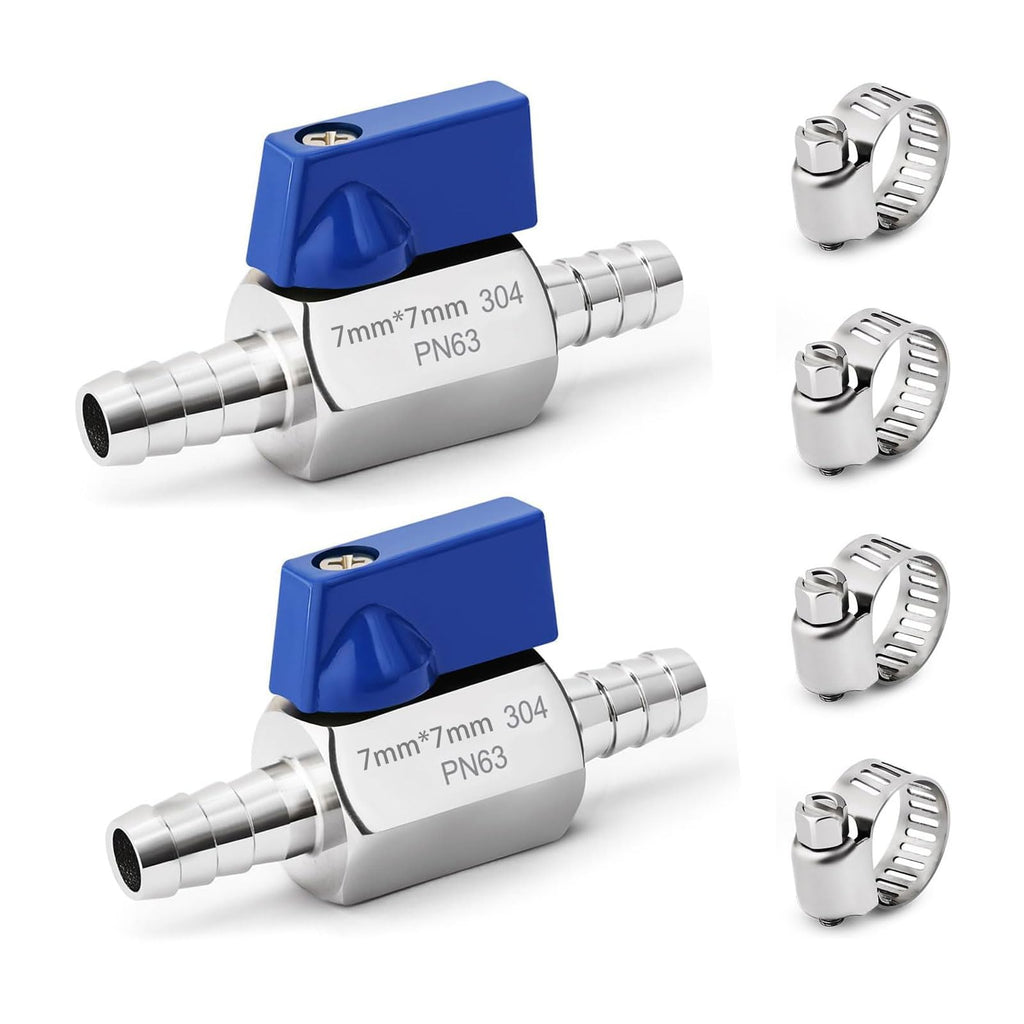 SKLSSVF 2 Pack 1/4" Hose ID Barb Mini Ball Valve, 304 Stainless Steel Small Shut Off Valve with Clamps Kit for Water Oil Gas (1/4 Inch)