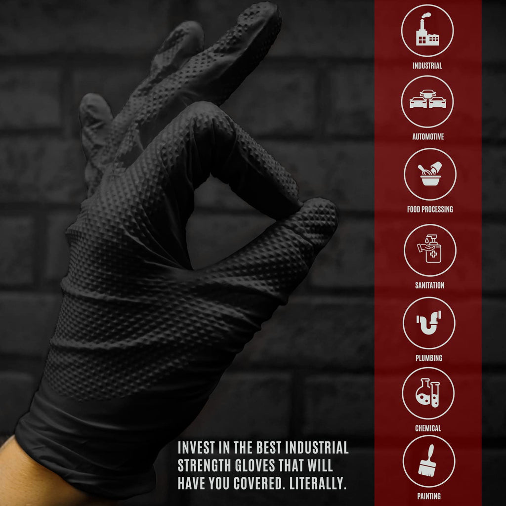MED PRIDE 8 Mil Xl Disposable Black Nitrile Gloves Heavy Duty Diamond Textured Powder Free Latex Free Box of 100