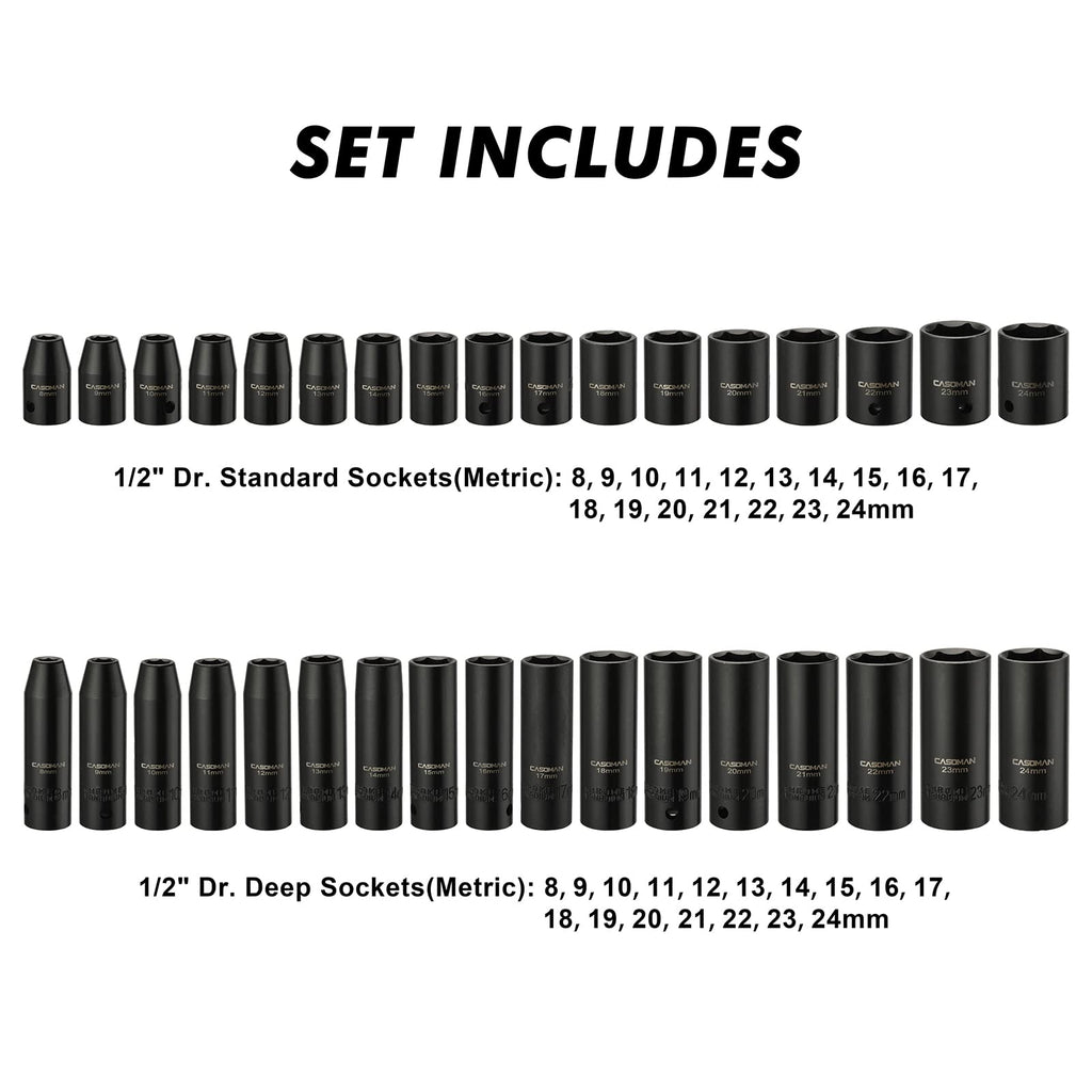 CASOMAN 1/2-inch 70 Pieces Impact Socket Master Set, SAE & Metric from 5/16"-1-1/4",8-24mm, Shallow/Deep Socket with Ratched Hand, Extension Bar and Adapters