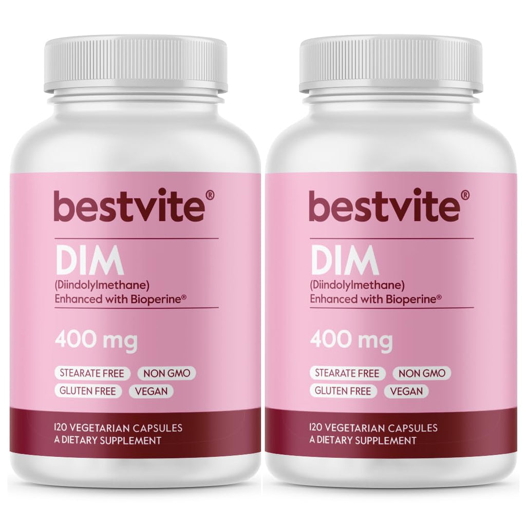 BESTVITE DIM (Diindolylmethane) 400mg with Bioperine (240 Vegetarian Capsules) (120 x 2) - No Stearates - No Gelatin - Vegan - Non GMO - Gluten Free