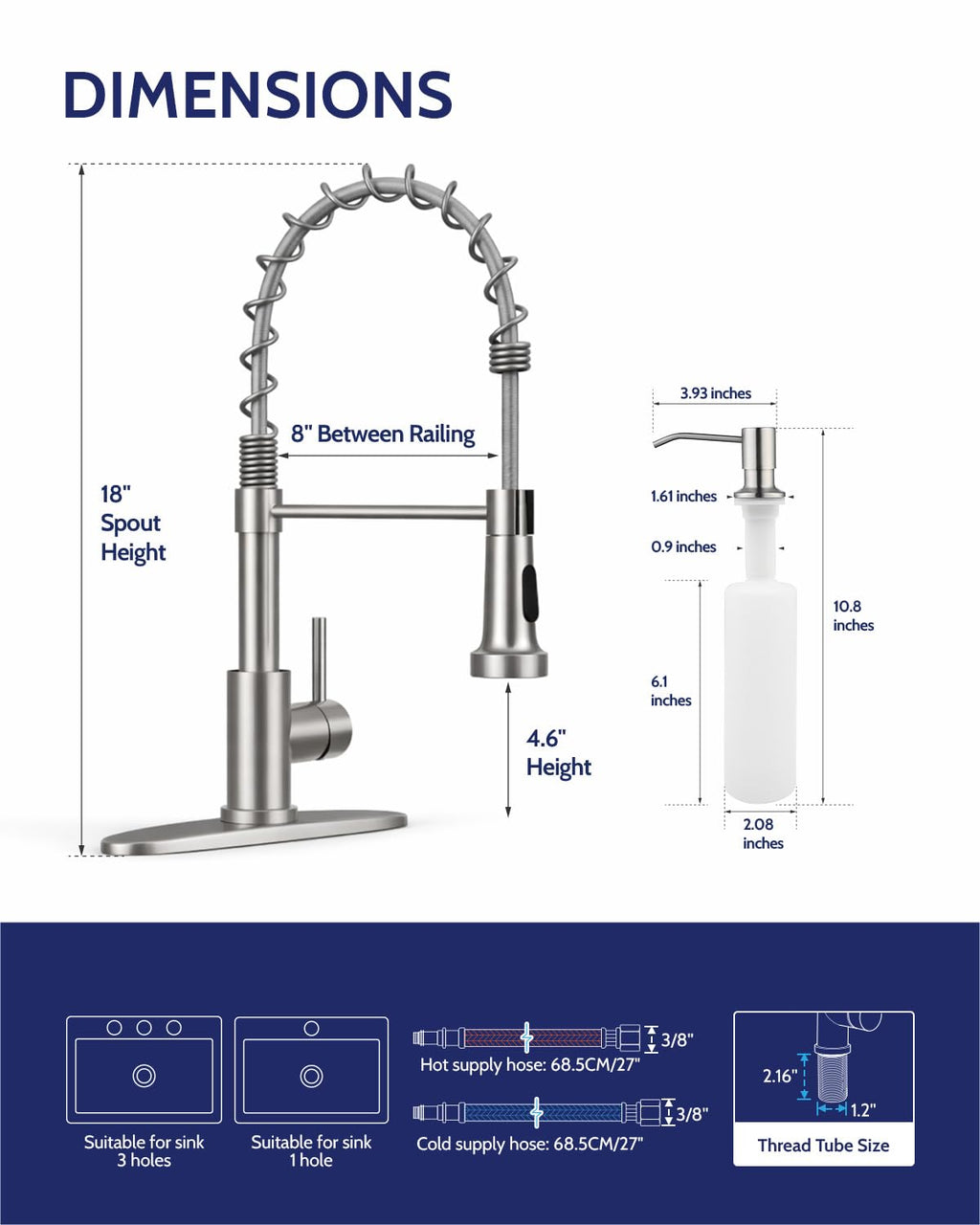 LUFEIDRA Kitchen Faucet with Pull Down Sprayer and Soap Dispenser, High Arc Spring 304 Stainless Steel Single Handle 1 or 3 Hole 2 Mode for Farmhouse RV Camper Laundry Bar Pot Filler (Brushed Nickel)