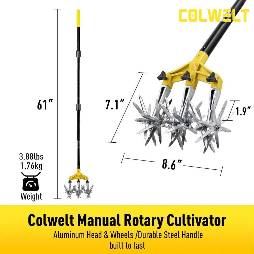 Colwelt Rotary Cultivator Garden Tool 61’’, Hand Tiller Garden Tool with Detachable Aluminum Tines, Cultivators for Gardening Soil or Reseeding Grass, Manual Cultivators & Tillers for Flowers Beds