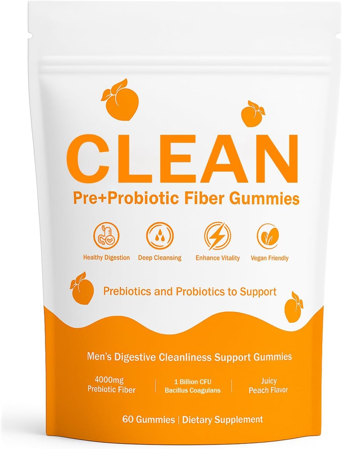 VCFBBG Clean Prebiotic Fiber Gummies for Men, Peach Flavor, Sugar-Free Pre+Probiotic Fiber Gummies, Gut Health & Digestive Support, Men's Prebiotics and Probiotics Gummy, 60 Count