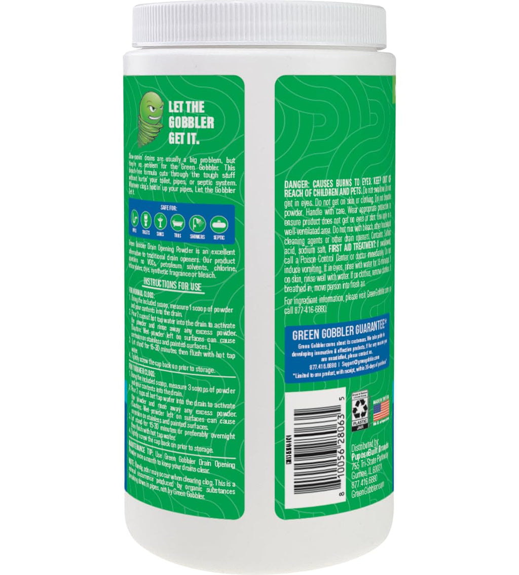 Green Gobbler Drain Clog Remover & Drain Cleaner Powder, 20+ Treatments, Maintenance Breaks Down Grease, Paper, Fat & Oil, Septic Safe