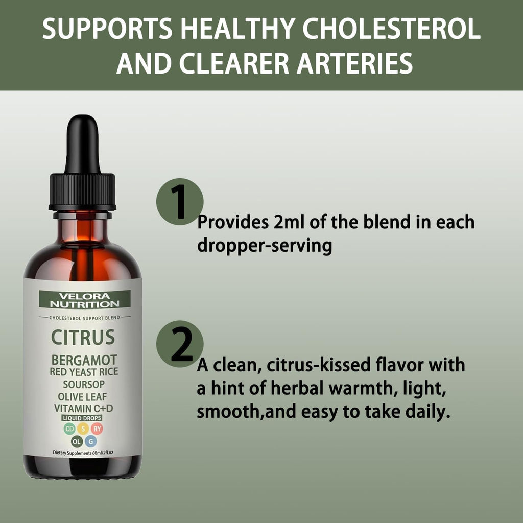 velora Red Yeast Rice Cholesterol Cleans Drops with Citrus, Bergamot, Red Yeast Rice, Soursop, Olive Leaf, Vitamin C+D, Natural, Non-GMO, Vegan 2 fl oz (2pcs)