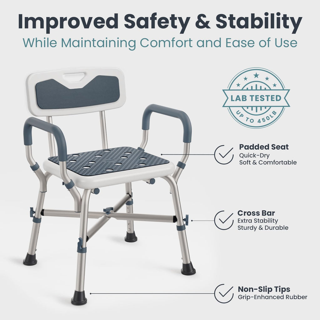 PELEGON Shower Chair for Elderly and Disabled (450lb) with Padded Armrests and Back, Adjustable Height Shower Seat, Heavy Duty Shower Chairs for Inside Shower, Handicap - Blue