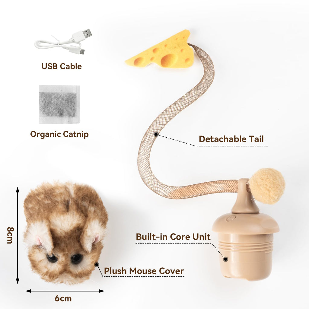 Migipaws Interactive MigiMouse Cat Toy 360° Rolling & Spin with Mesh Plastic Tail for Indoor Cats Smart Motion Sensor, Realistic Squeak, Rechargeable Plush Kitten Toy(Brown Long)