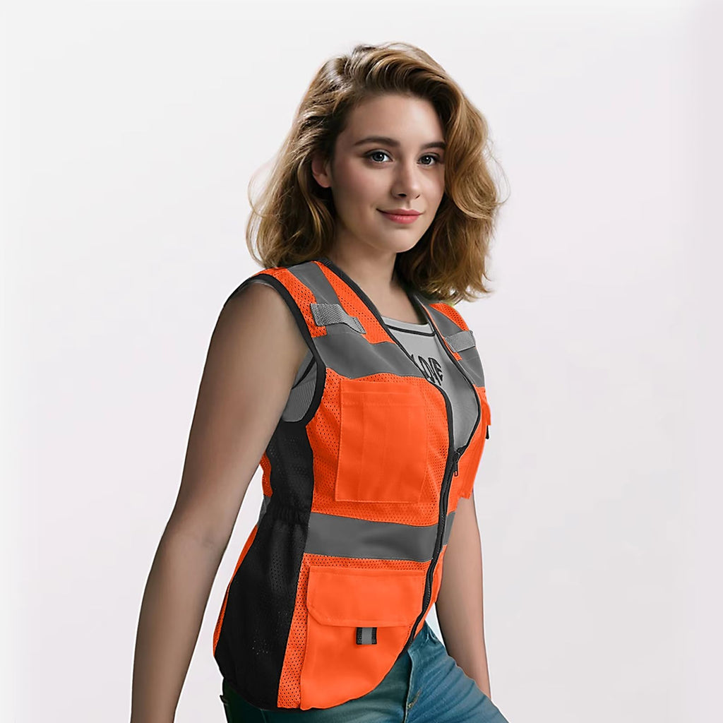 Uno Mejor Womens Safety Vest with 11 Pockets Hi Vis Mesh Reflective Safety Vest for Women, Lady Neon Construction Work Vest with Zipper, Snug-Fit & Durable, ANSI Compliant, (U-Orange, L)