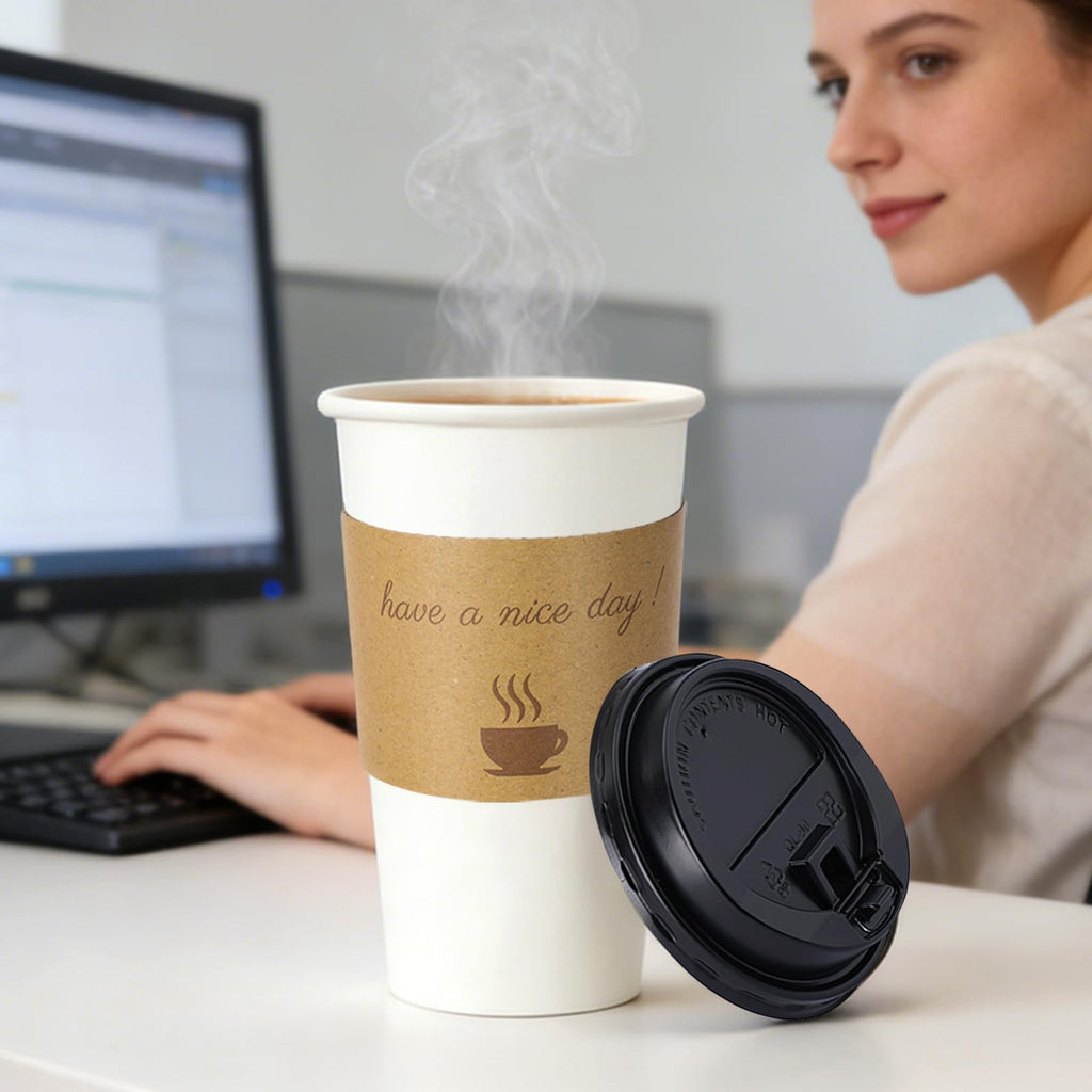 BYSNOW 20 oz 50 pack Disposable Paper Coffee Cups, Paper To Go Cups with Lids, Sleeves and Stirring Sticks, Hot Paper Cups for Home, Office and Party (White 20oz)