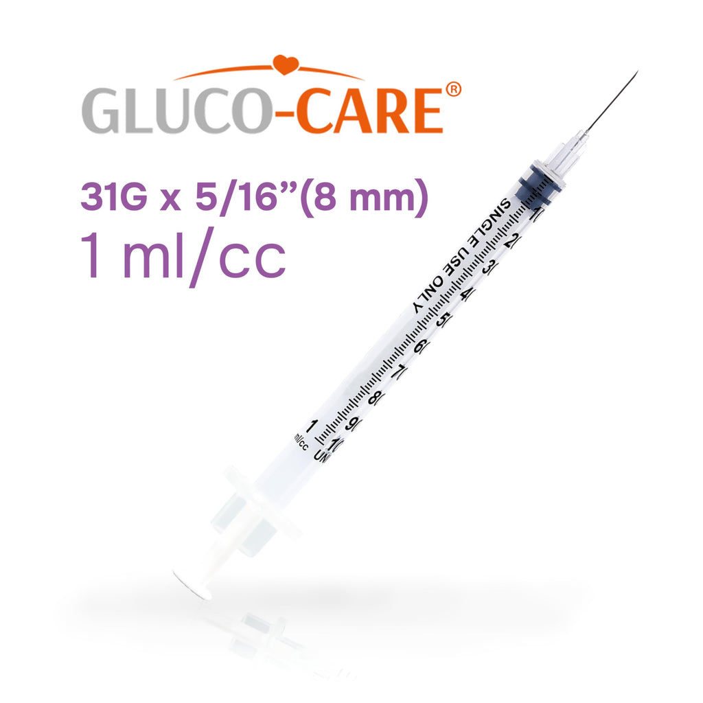GLUCO-CARE 1ml /cc Syringes 31G x 5/16’’ (8mm), Orange Cap, Box of 50 pcs