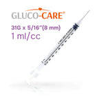 GLUCO-CARE 1ml /cc Syringes 31G x 5/16’’ (8mm), Orange Cap, Box of 50 pcs