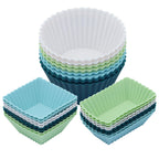 24Pack Silicone Muffin Cups, Reusable Cupcake Liners Molds for Baking, 3 Shapes Lunch Box Bento Dividers-Round, Square, and Rectangular (Neutral Colors, Large Size)
