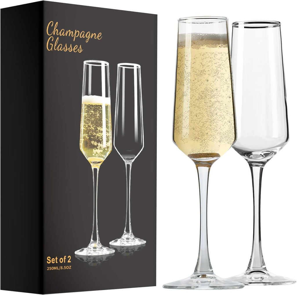 PARACITY Champagne Glasses Set of 2: Clear Glass Champagne Flutes, 8.5 oz