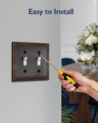 ZILLSEA 2-Pack Aged Bronze Double Toggle Wall Plates, 2 Gang Light Switch Covers, Durable Metal Switch Plate Covers, Decorative Pearl Design, 4.96''*4.88'', Midsize