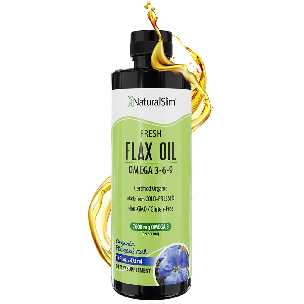 NaturalSlim Flaxseed Oil Liquid Fresh Taste Flax Oil Organic Cold Pressed & High in Omega 3 6 9 Fatty Acid Flax Seed Supplement for Healthy Cells, Hair, Skin, & Nails - Fresh Taste 16 fl. Oz.