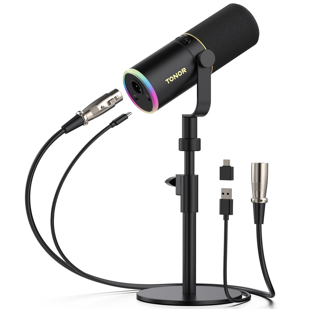 TONOR Dynamic Podcast Microphone, XLR/USB Mic for Recording, Streaming, XLR Cardioid Studio Mic with Quick Mute, Volume Control, 200 cm/78inch Cable, with RGB and Desktop Stand, Black, TD520S