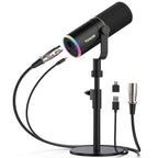 TONOR Dynamic Podcast Microphone, XLR/USB Mic for Recording, Streaming, XLR Cardioid Studio Mic with Quick Mute, Volume Control, 200 cm/78inch Cable, with RGB and Desktop Stand, Black, TD520S