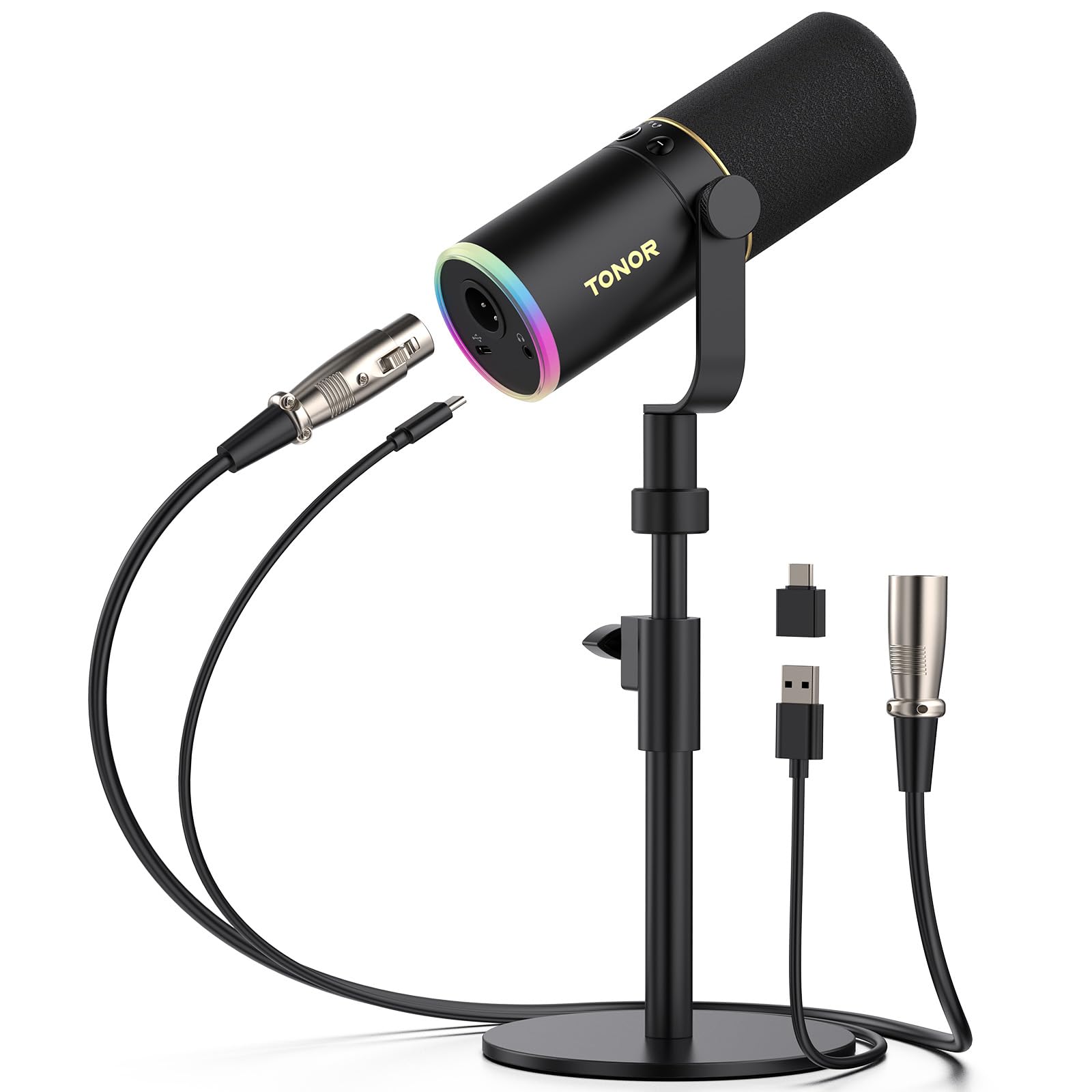 TONOR Dynamic Podcast Microphone, XLR/USB Mic for Recording, Streaming, XLR Cardioid Studio Mic with Quick Mute, Volume Control, 200 cm/78inch Cable, with RGB and Desktop Stand, Black, TD520S