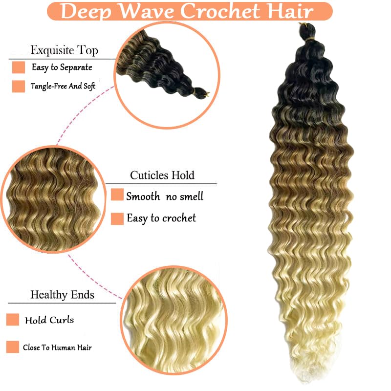Ombre Curly Braiding Hair 22 Inch Ocean Wave Crochet Hair for Black Women 3Packs Deep Wave Wet and Wavy Braiding Hair For Boho Braids （1B/27/613)
