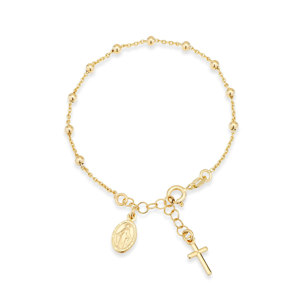 Miabella 18K Gold Plated 925 Sterling Silver Italian Rosary Cross Bead Charm Link Chain Bracelet for Women, Adjustable, Made in Italy (Length 6-7 Inch)