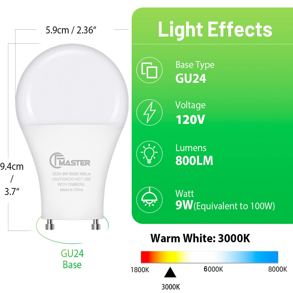 CFMASTER GU24 LED Llight Bulb, 3000K Warm White, 9W(100W Equivalent), 800 Lumens, A19 Shape GU24 LED Bulbs, Twist and Lock GU24 Pin Base with Two Prongs, Non-Dimmable(16-Pack)