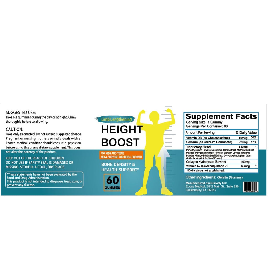 Height Boost Bone Growth Gummies for Kids & Teens – Natural Growth Support with Calcium, Vitamin D3, K2, Collagen Hydrolysate & Herbal Blend – Bone Strength & Height Supplement – 60 Gummies