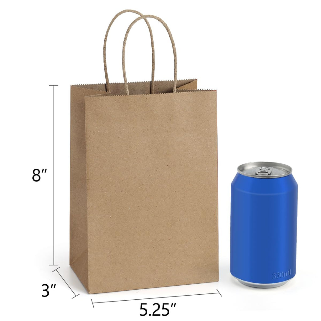 BagDream Gift Bags with Handles 5.25x3x8 Inch Small Brown 100 Pack Bulk