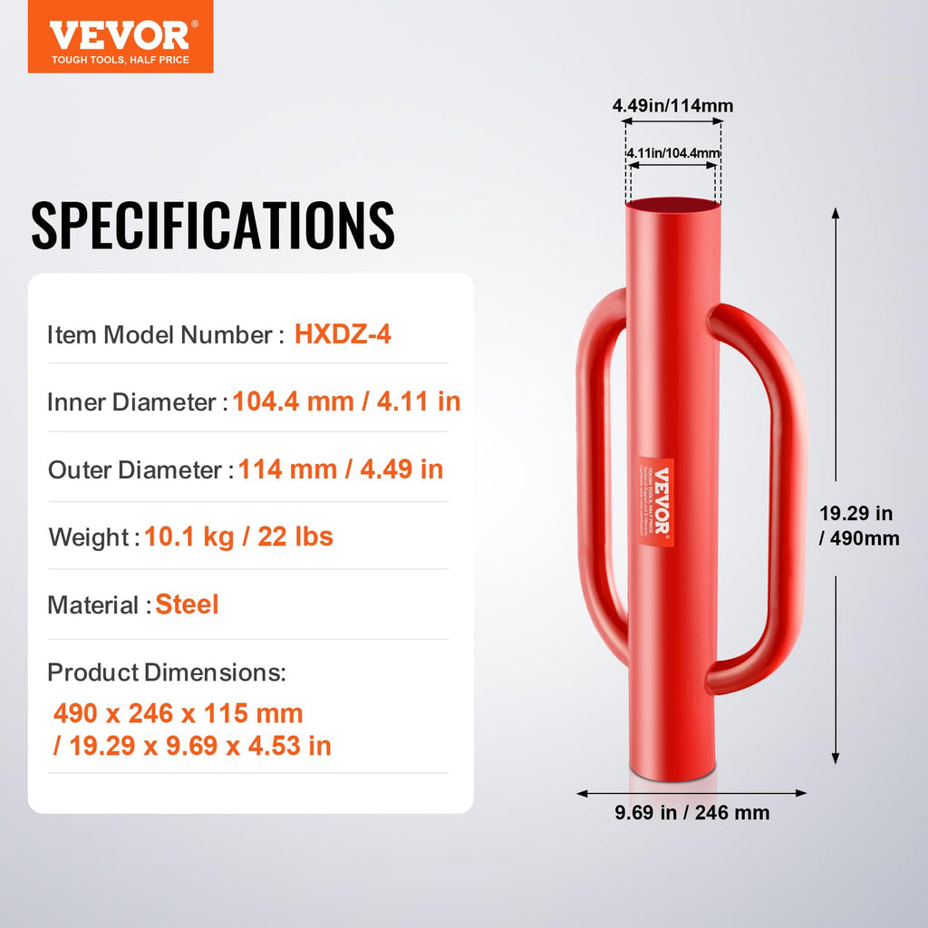 VEVOR Fence T Post Driver, 4.11" Inner Diameter Post Pounder with Handles, 22LB Heavy Duty Carbon Steel Hand Post Rammer, Farm Fencing Hole Digger for U Channel, Sign Pole, Wooden Post, Red