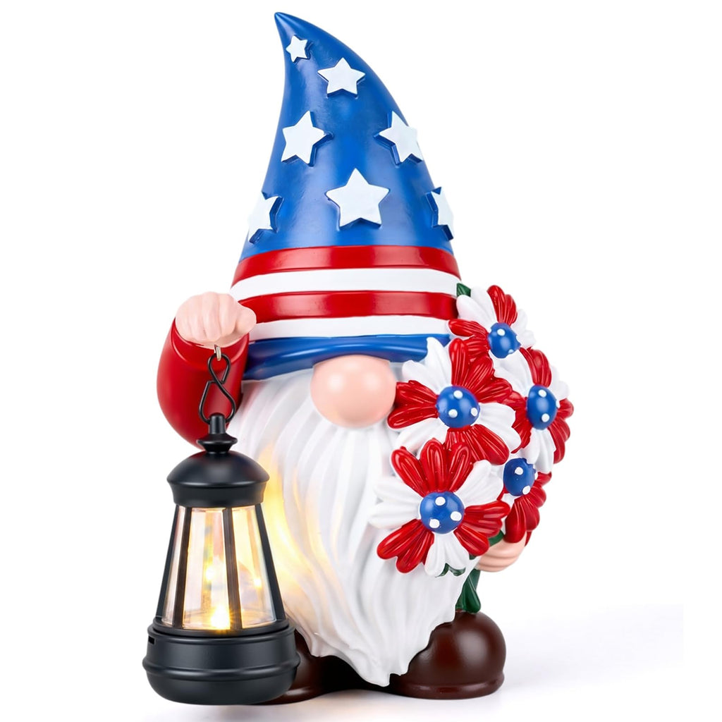 Capoda Solar Patriotic Gnome Statue 8" Garden Resin Gnome Figurine Holding Lantern with Solar LED Lights Decorations for Table 4th of July Independence Day Outdoor Yard Patio Lawn Decor