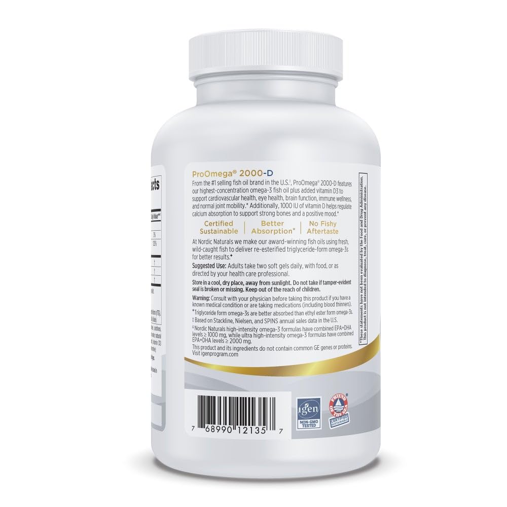 Nordic Naturals ProOmega 2000-D, Lemon Flavor - 120 Soft Gels - 2150 mg Omega-3 + 1000 IU D3 - Ultra High-Potency Fish Oil - EPA & DHA - Brain, Heart, & Immune Health - Non-GMO - 60 Servings