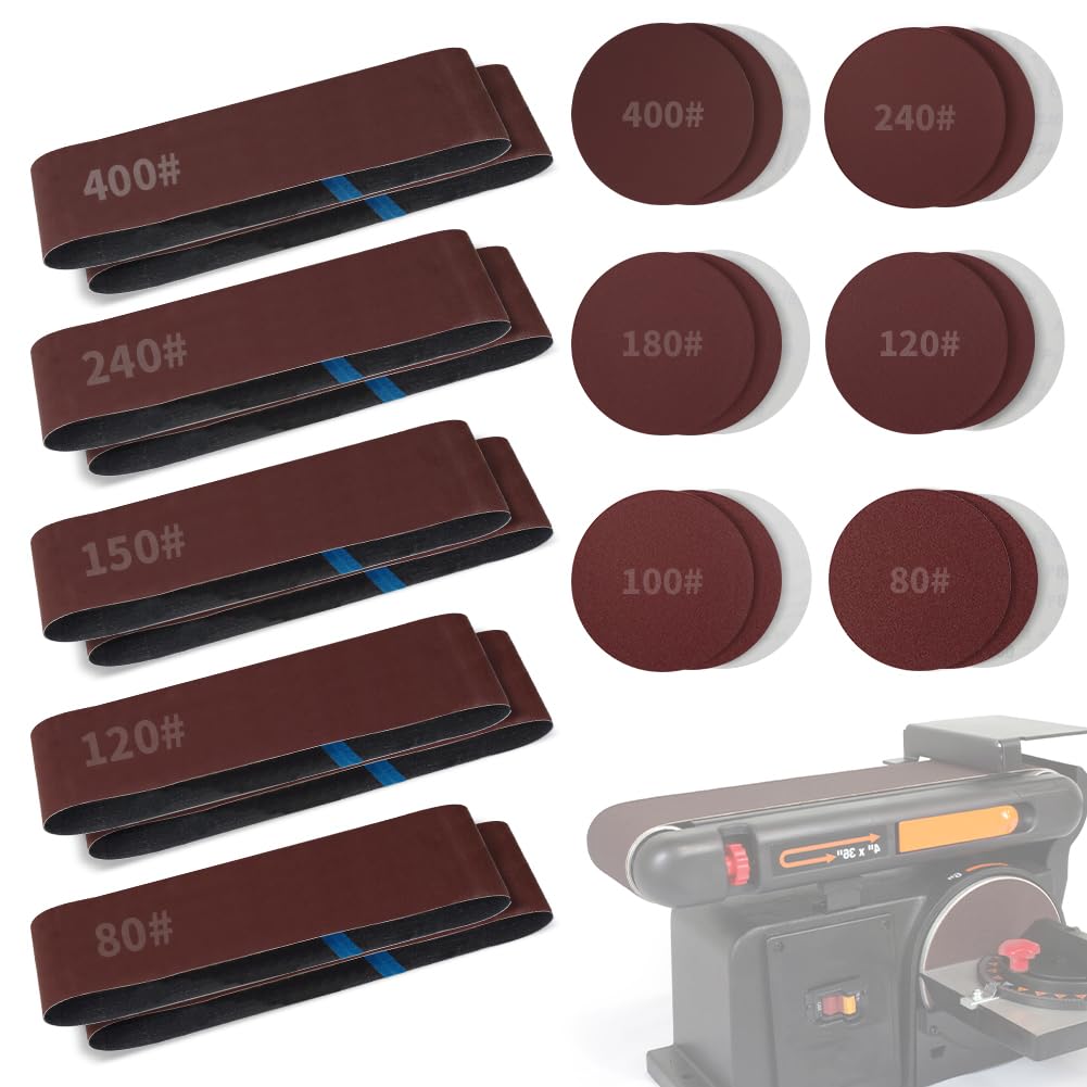 Sanding Belts & PSA Sanding Discs Set - 10 Pack 4x36 Inch Aluminum Oxide Belts (80/120/150/240/400 Grit) and 18 Pack 6-Inch Self-Adhesive Discs (80/100/120/180/240/400 Grit) for Wood, Metal Polishing