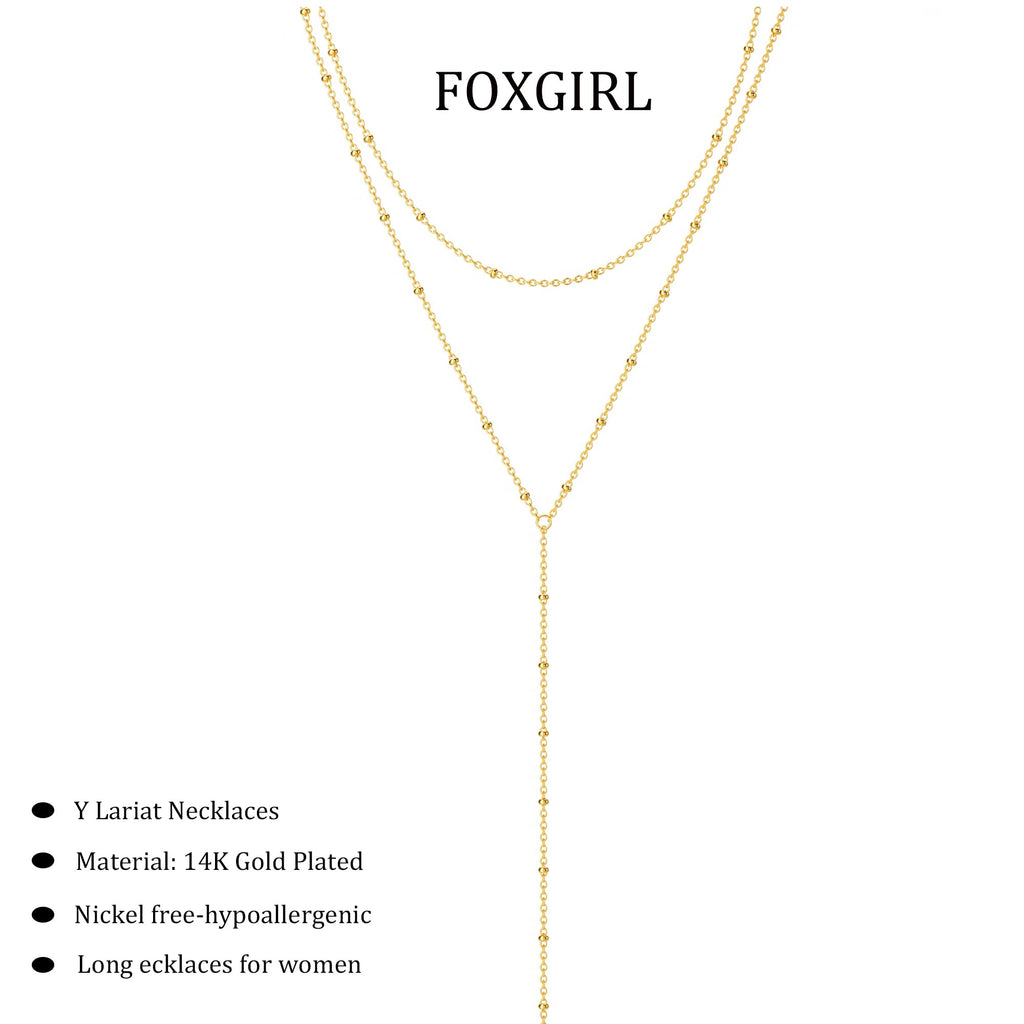 Foxgirl Lariat Gold Necklace for Women, Dainty Long Necklace 14k Gold Plated Satellite Y-Shaped Pendant Necklace Trendy Layered Chain Drop Necklaces Simple Gold Jewelry for Women Gift