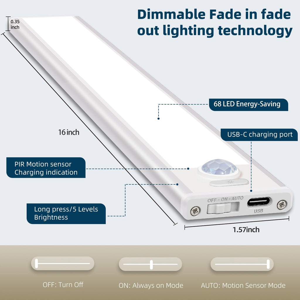 16inch Under Cabinet Lighting, 4 Pack Rechargeable Motion Sensor Light Indoor, Wireless Dimmable Magnetic Closet Lights, 68 LED Under Counter Lights for Kitchen, Wardrobe, Stairs, Warm Light