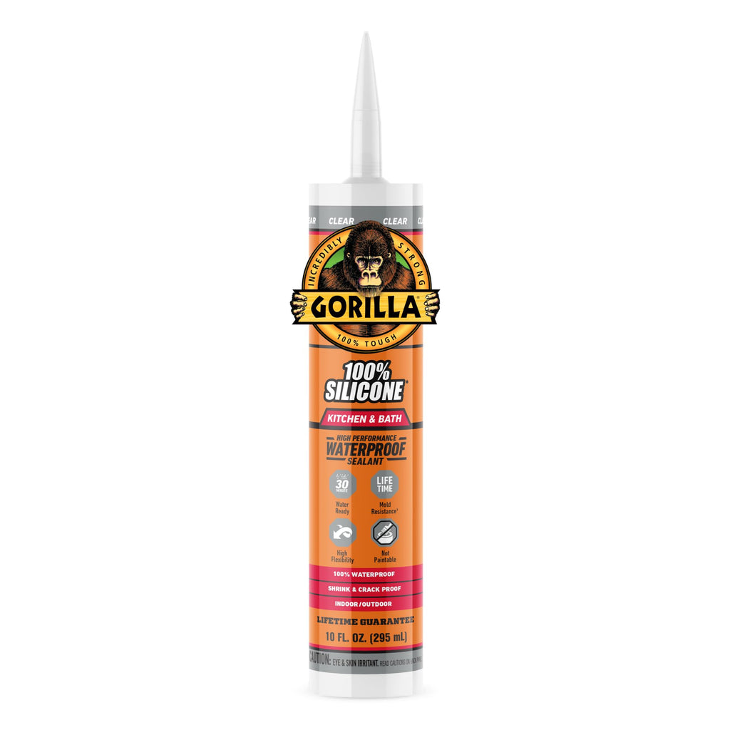 Gorilla 100% Silicone Caulk, Kitchen & Bath Sealant, 10oz Cartridge, Clear