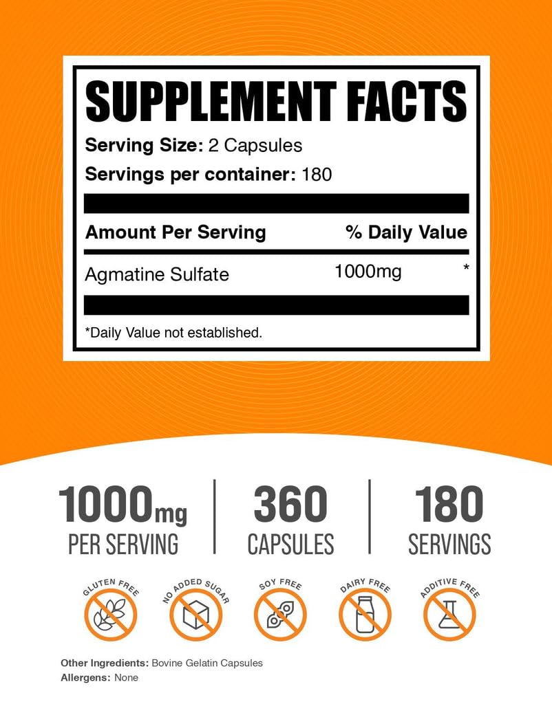 BulkSupplements.com Agmatine Sulfate Capsules - Agmatine Sulfate, Nitric Oxide Supplement - Gluten Free, 2 Capsules per Serving, 360 Count (Pack of 1)