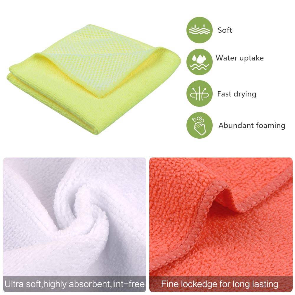 SINLAND 5 Color Assorted Microfiber Dish Cloth Best Kitchen Cloths Cleaning Cloths with Poly Scour Side 12Inchx12Inch 20 Pack (Pinkx4+bluex4+whitex4+yellowx4+greenx4)