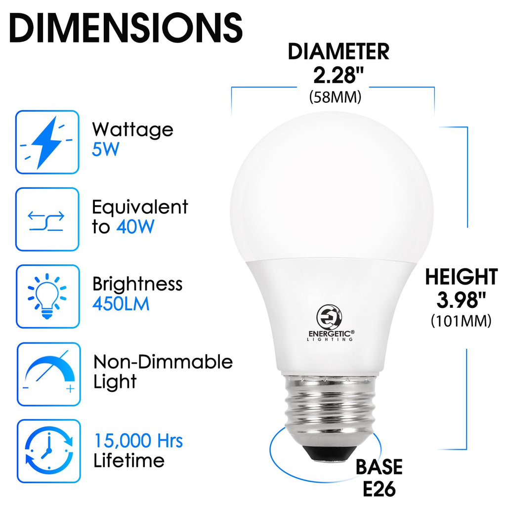 ENERGETIC SMARTER LIGHTING A19 LED Light Bulb,40 Watt Equivalent,3000K Warm White, E26 Medium Base, Non-Dimmable LED Light Bulb,UL Listed,16-Pack