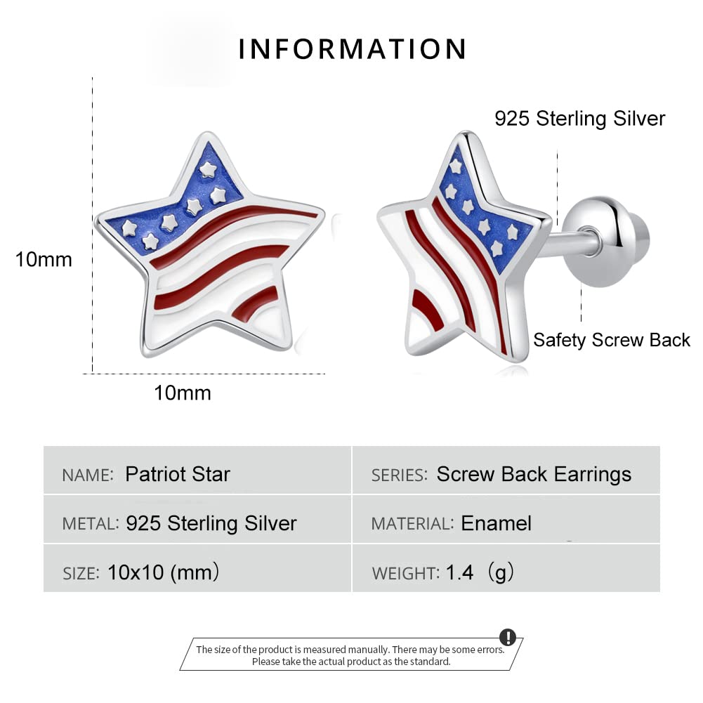 BETTY&SARAH 925 Sterling Silver Star Earrings American Flag Screw Back Earrings, Hypoallergenic Safety Backs for Girls Teens Women 4th of july patriotic Multicolor (BSE217)