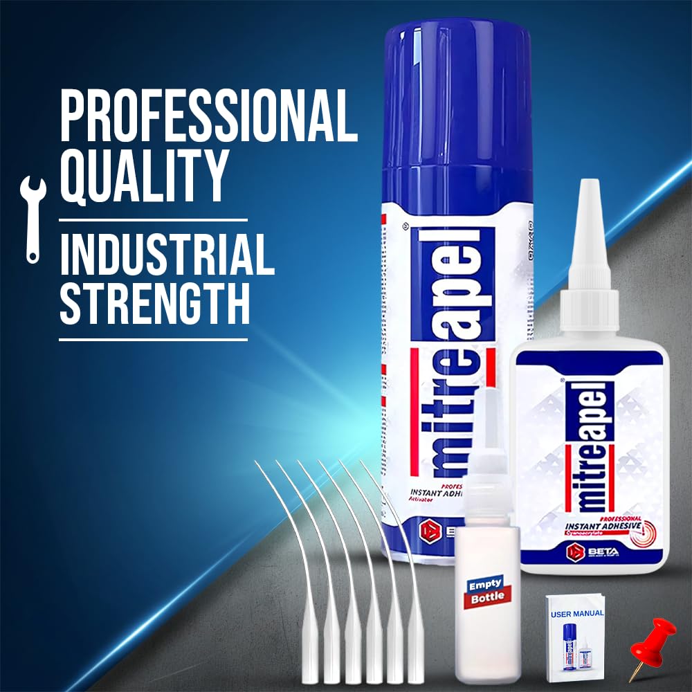 MITREAPEL CA Glue with Activator Kit 2x3.5 oz-2x13.5 oz Instant Bond Professional Cyanoacrylate Adhesive and Super Glue Accelerator for Woodworking with Extra Caps&Microtips,DIY&Craft, Plastic,Repair