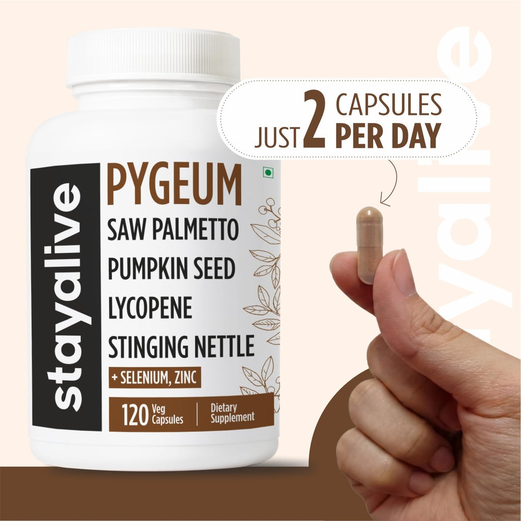 STAY ALIVE Pygeum Africanum Supplement, 7-in-1 Extract w/Saw Palmetto, Pumpkin Seed, Stinging Nettle and Lycopene, 120 Vegan Capsules, Non-GMO and Gluten-Free Pygeum Supplement for Men and Women