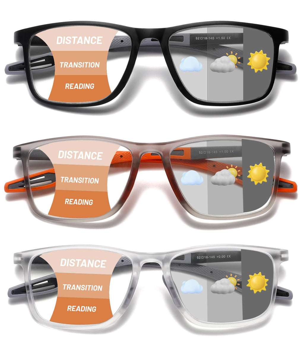 Hubeye Photochromic Progressive Reading Glasses for Men and Women Ultralight Flexible Anti-Blue Light Readers（Clear+Black+Orange，+1.5）